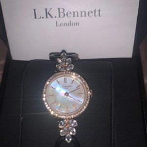 L.K. Bennett London gold/leather band CZ dress watch